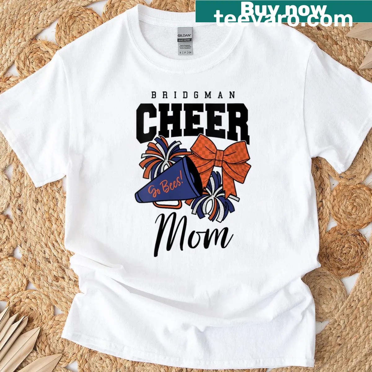 Cheer mom t-shirt with checkered bow and playful text — on a men's t-shirt