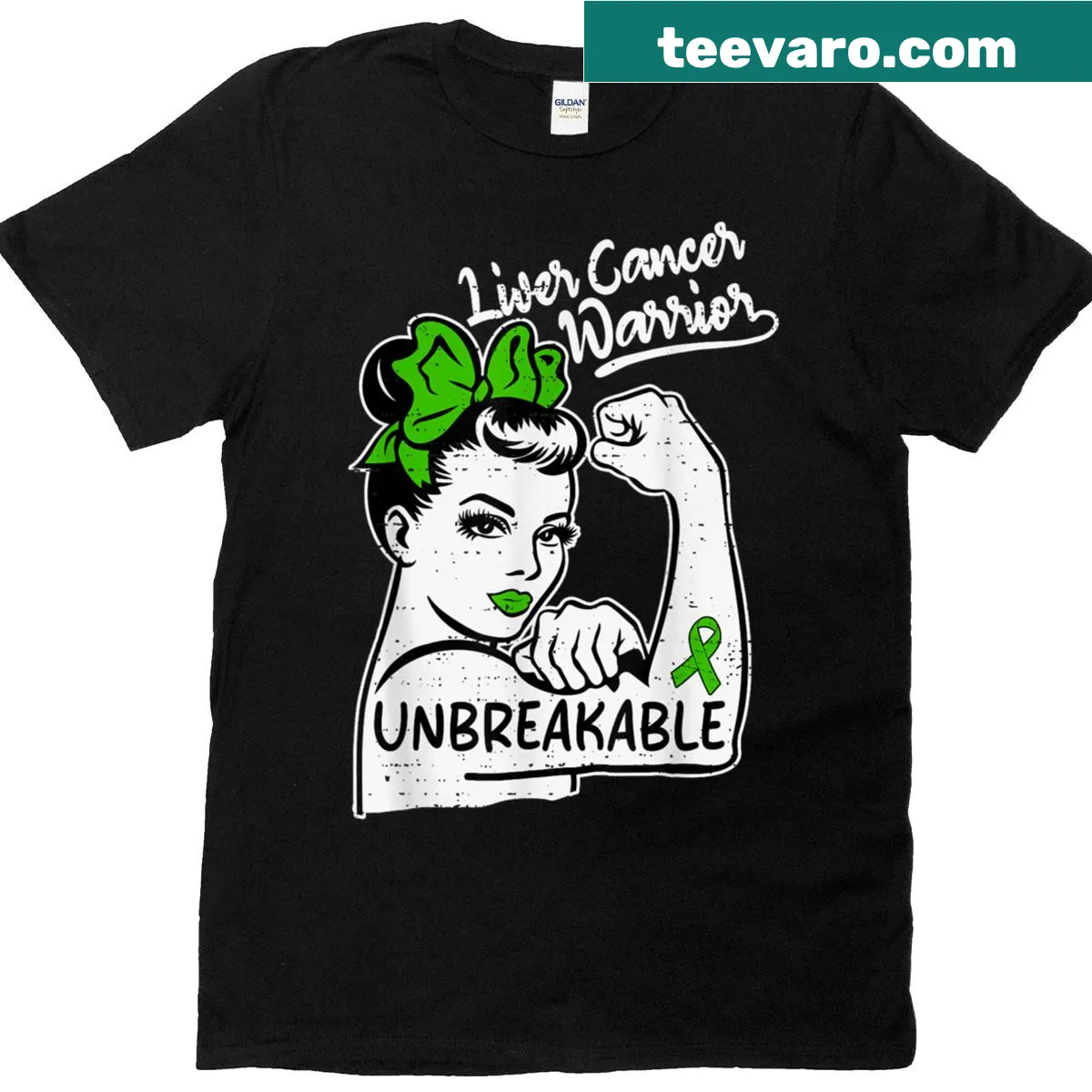 Green awareness ribbon graphic on a women's liver cancer support t-shirt — on a men's t-shirt