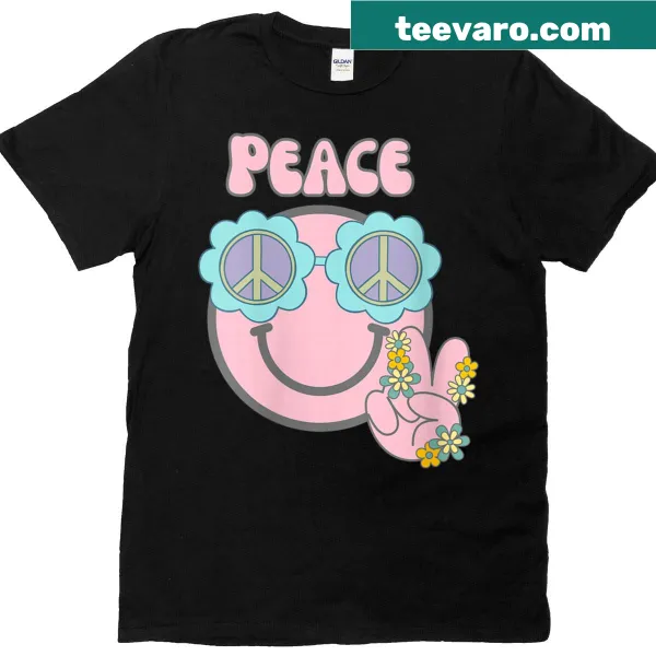 T-shirt featuring a smiley face graphic with a peace message