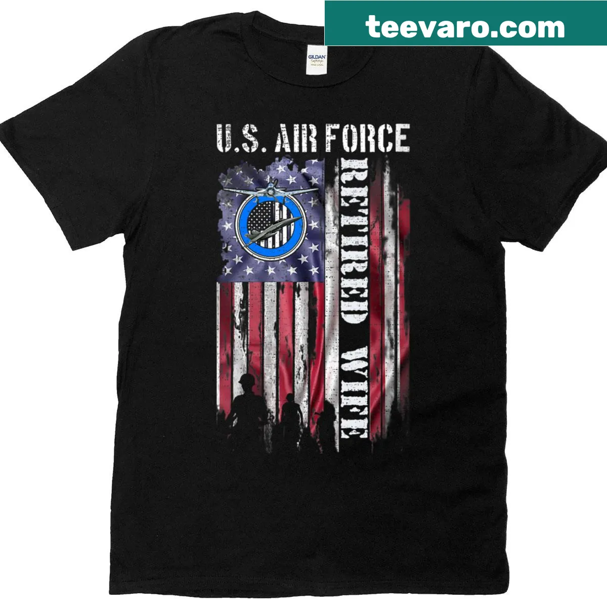 Vintage-style T-shirt featuring an American flag and Air Force logo — on a men's t-shirt