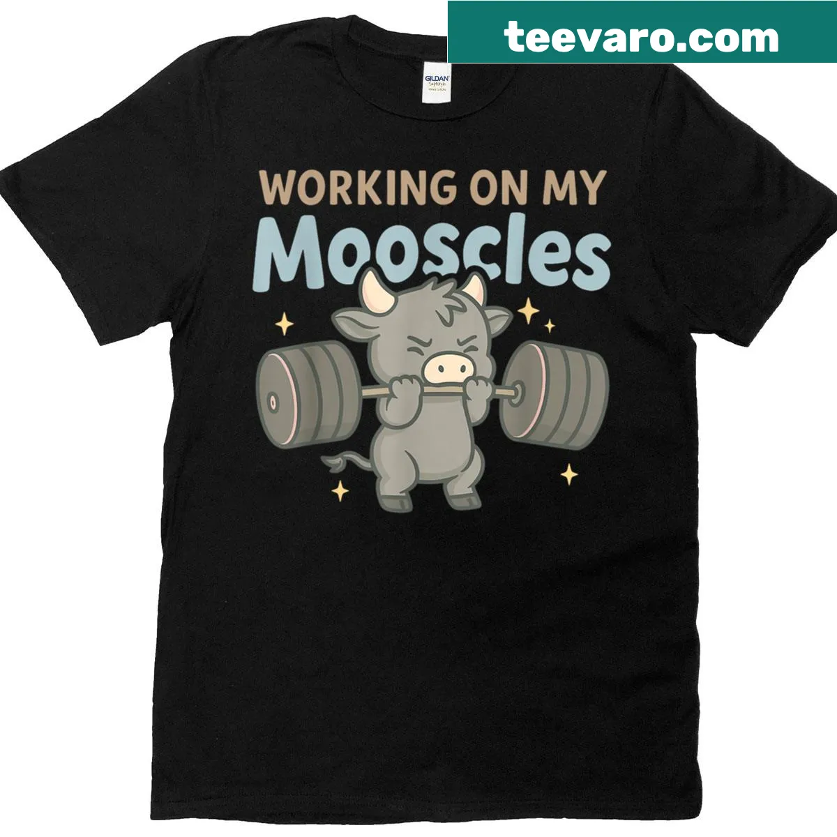 T-shirt with a playful 'Working On My Mooscles' graphic — on a men's t-shirt