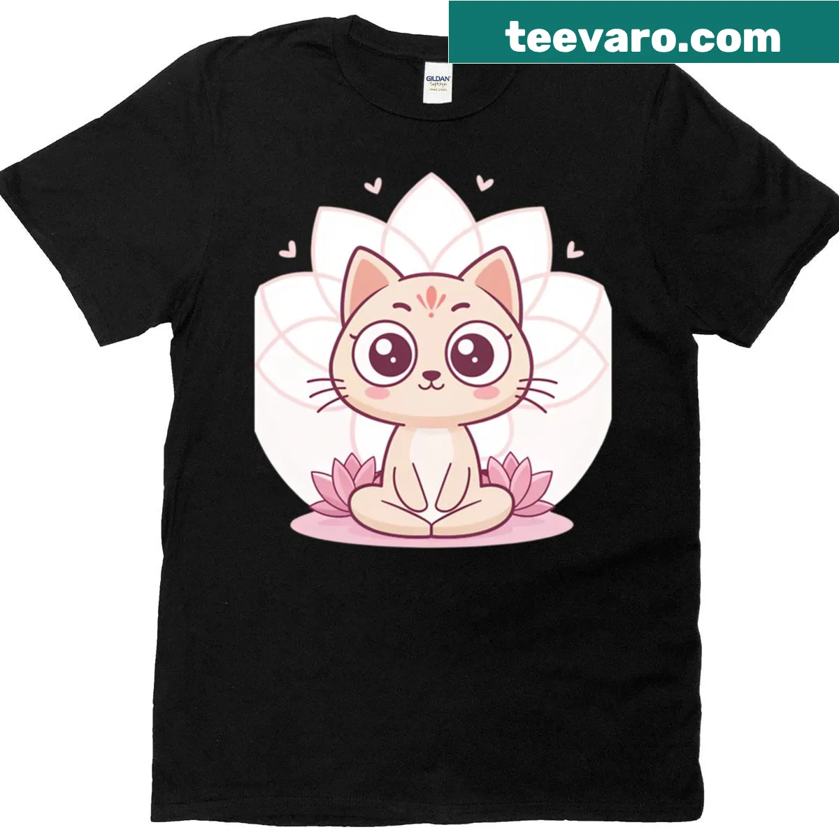 Cartoon cat in lotus pose graphic on a yoga-themed t-shirt — on a men's t-shirt