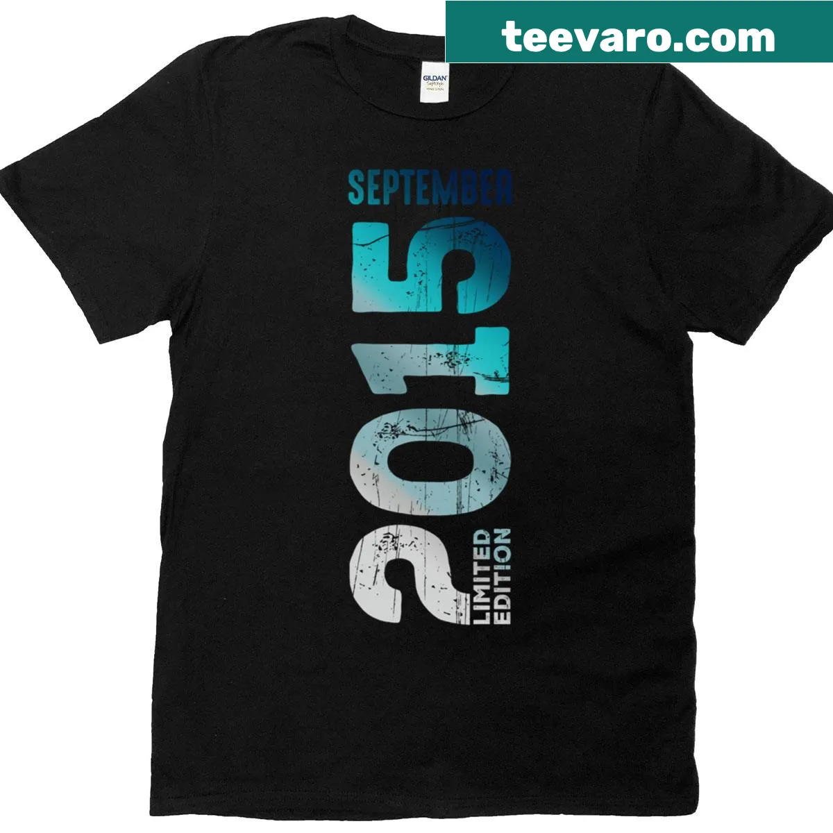 Retro T-shirt celebrating the year 2015 with repeated text — on a men's t-shirt
