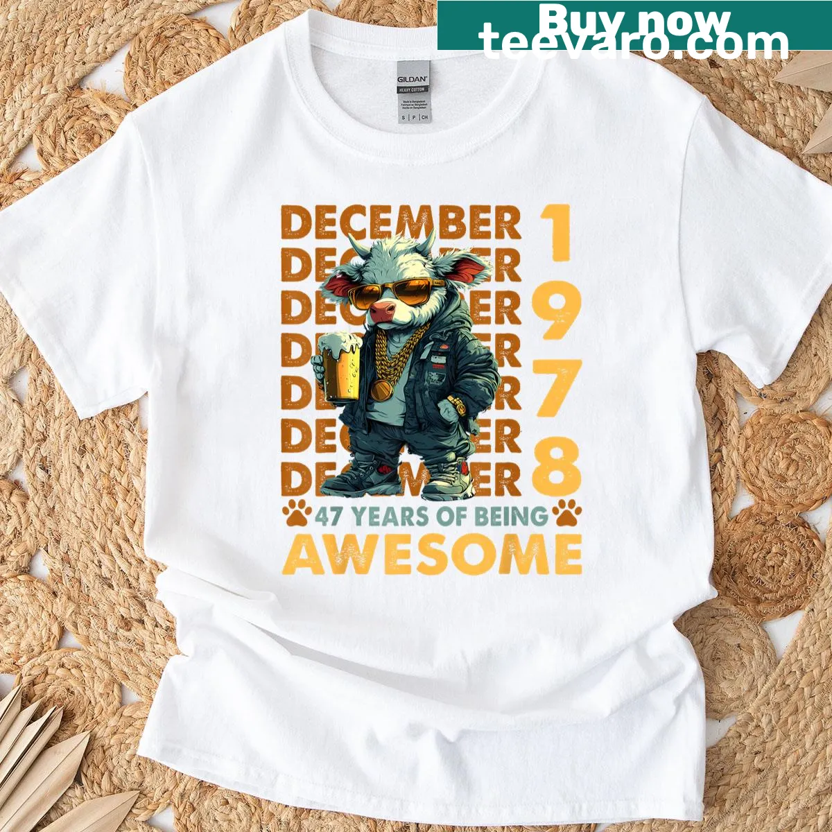 Vintage distressed T-shirt celebrating 47th birthday with cow graphic — on a men's t-shirt