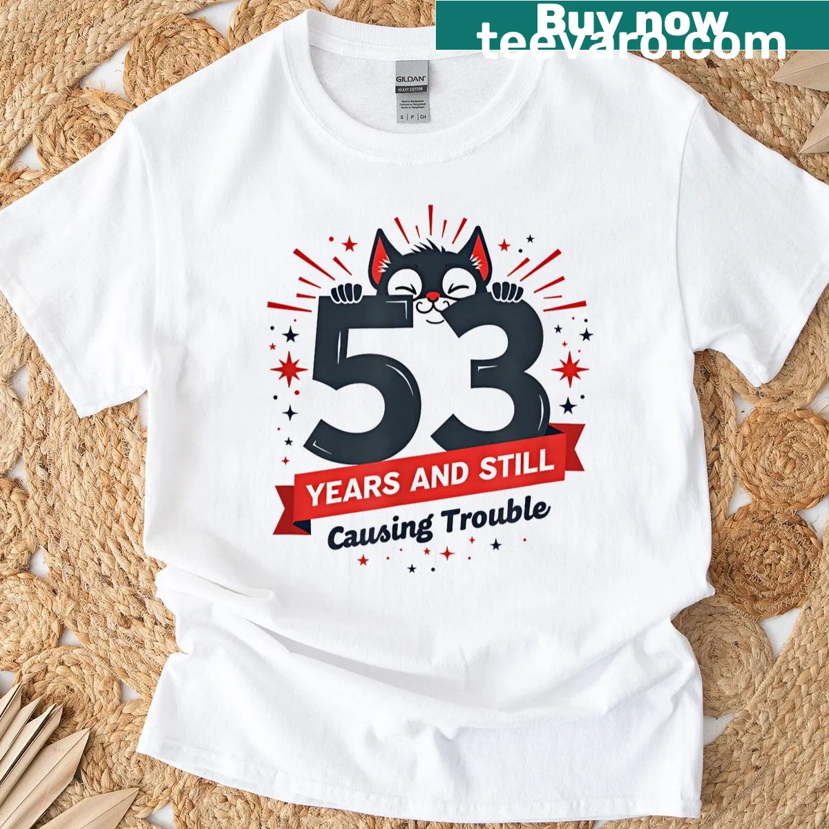Funny typography celebrating a 53rd birthday with a cat theme — on a men's t-shirt