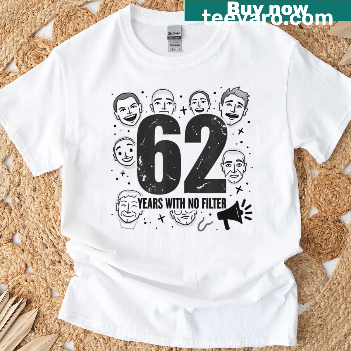 Funny birthday t-shirt with the phrase '62 Years With No Filter' — on a men's t-shirt
