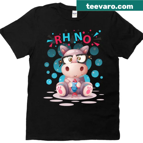 T-shirt featuring a cartoon rhinoceros with glasses holding a fish