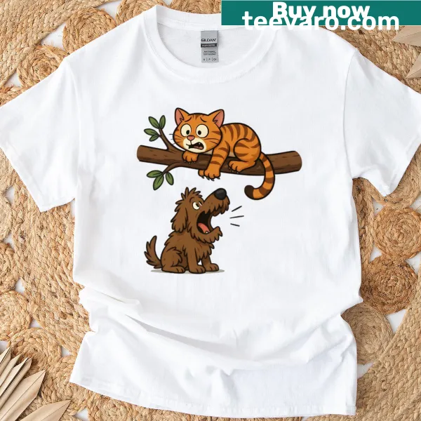 Illustration of a cat and dog face-off, humorous animal rivalry theme