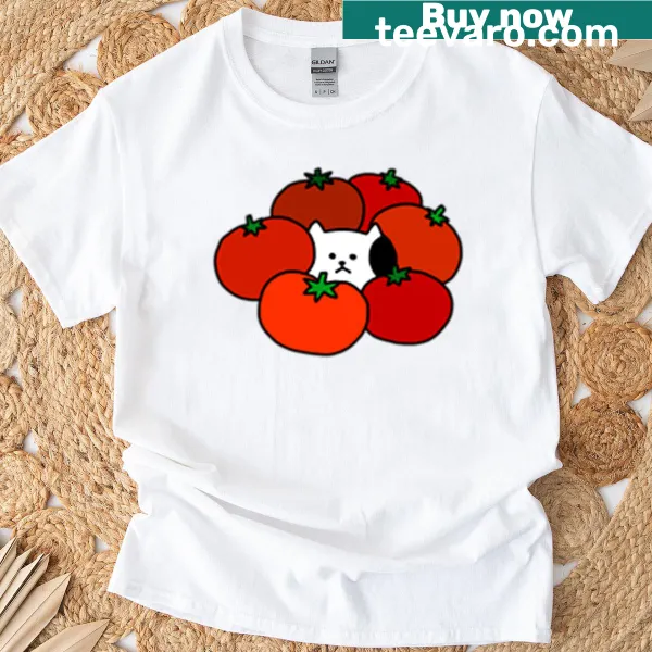 T-shirt featuring a playful illustration of a cat in tomatoes