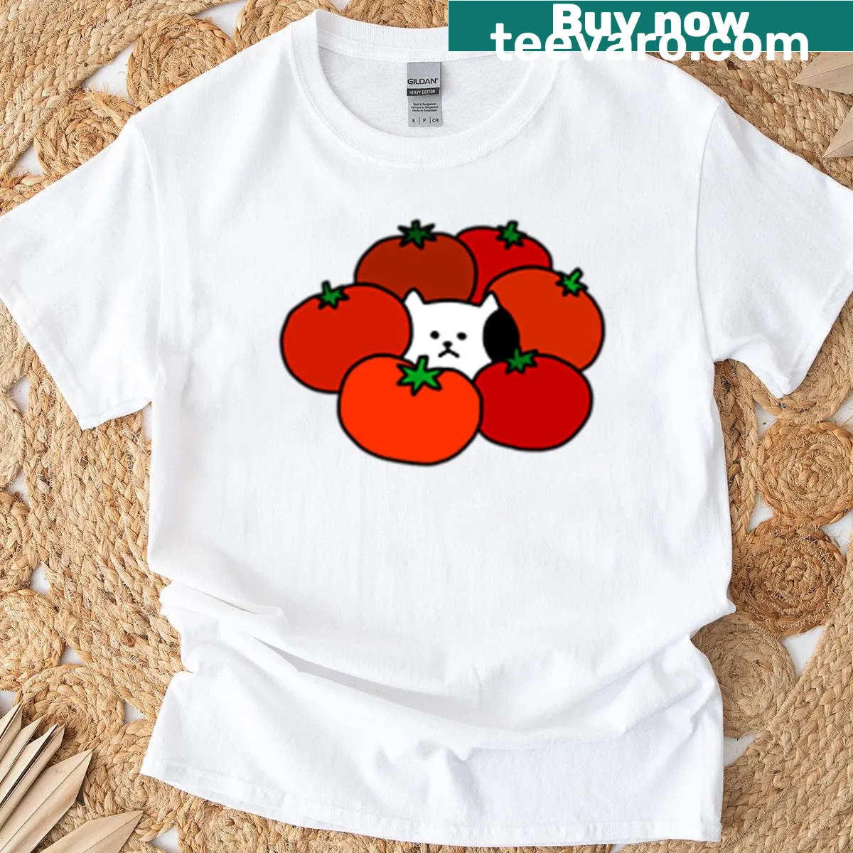 T-shirt featuring a playful illustration of a cat in tomatoes — on a men's t-shirt