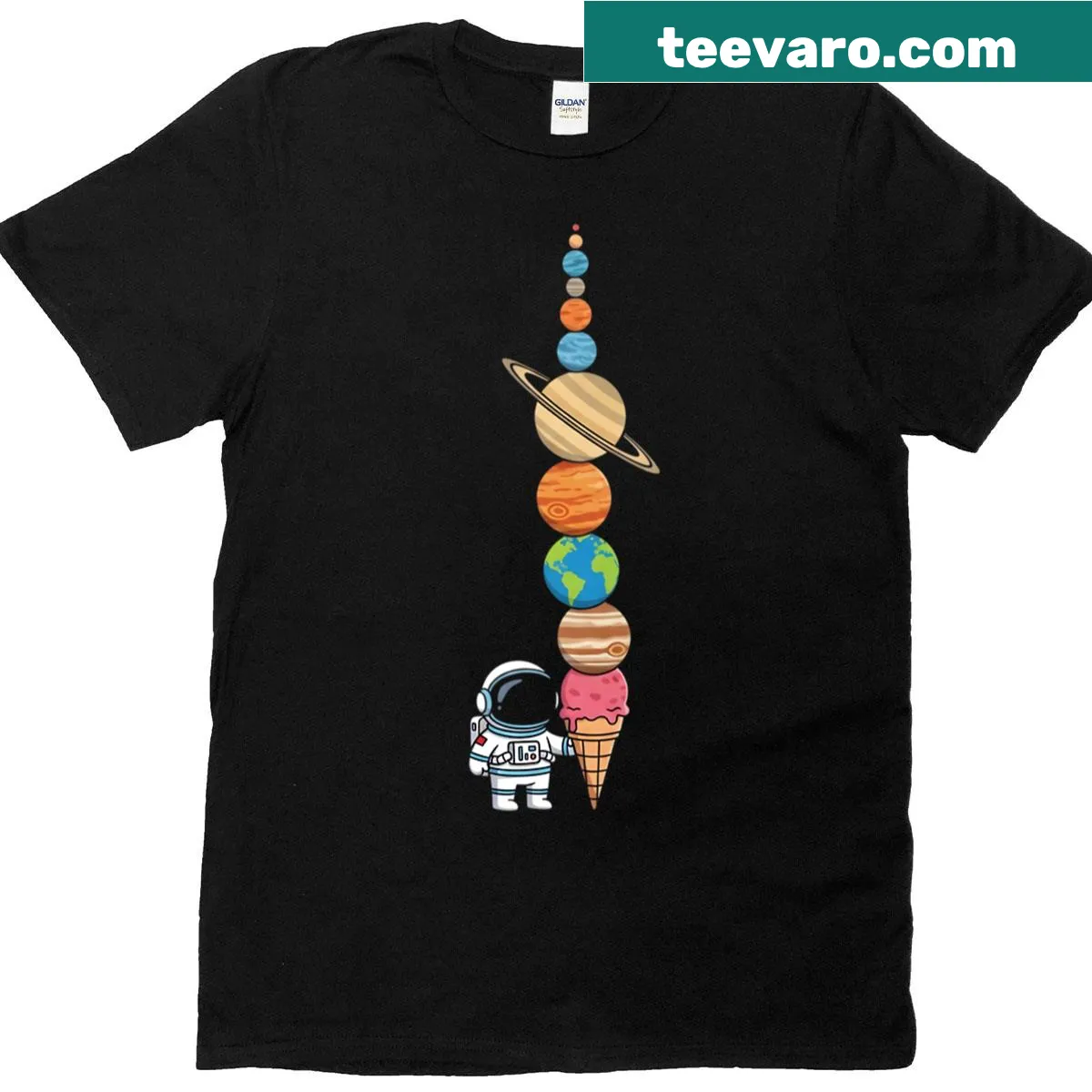 Cute astronaut T-shirt with an ice cream cone and planets — on a men's t-shirt