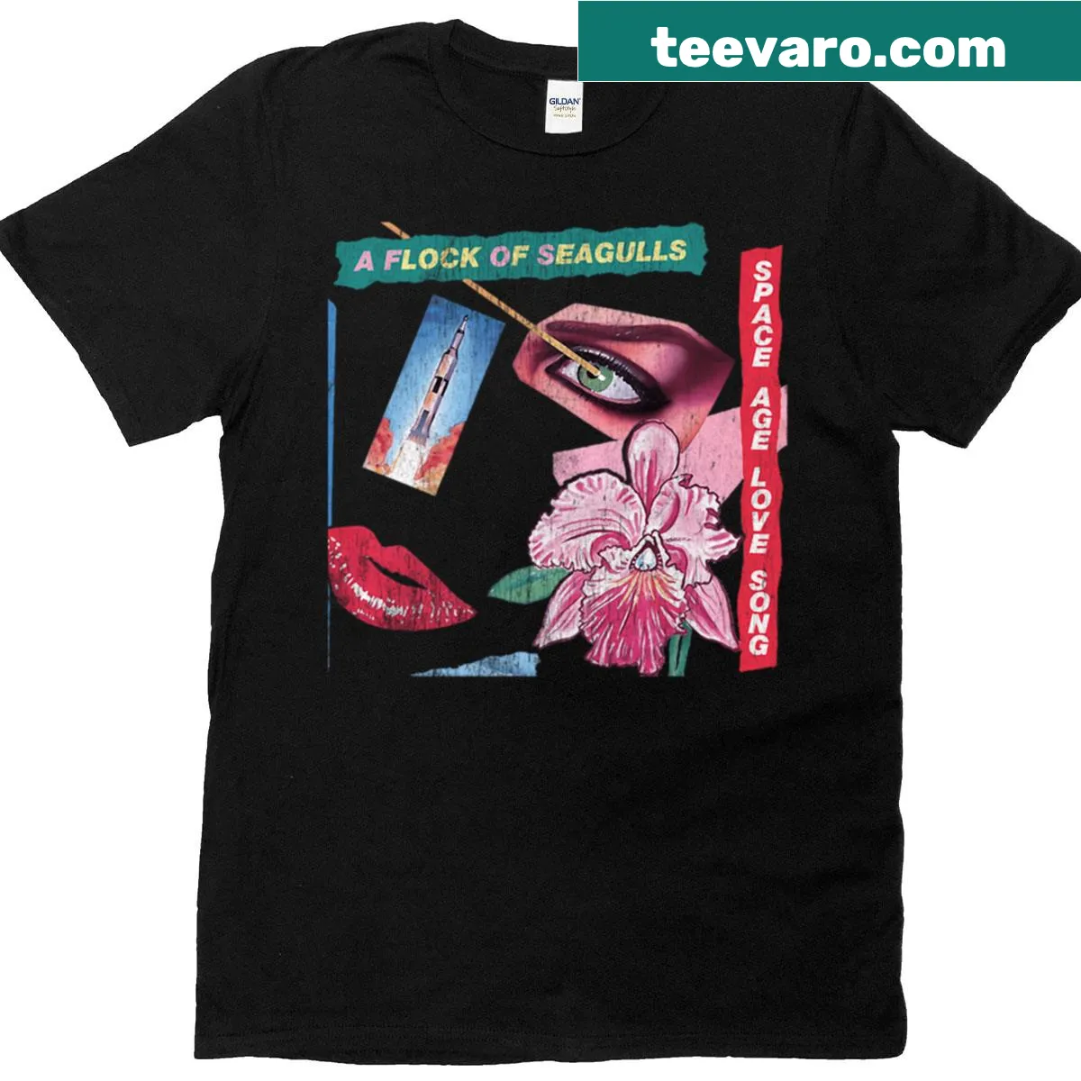 T-shirt featuring a design honoring the band A Flock Of Seagulls — on a men's t-shirt