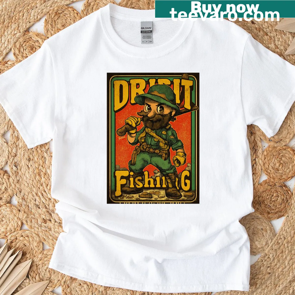 Whimsical illustration of an adventurer fishing on a T-shirt — on a men's t-shirt