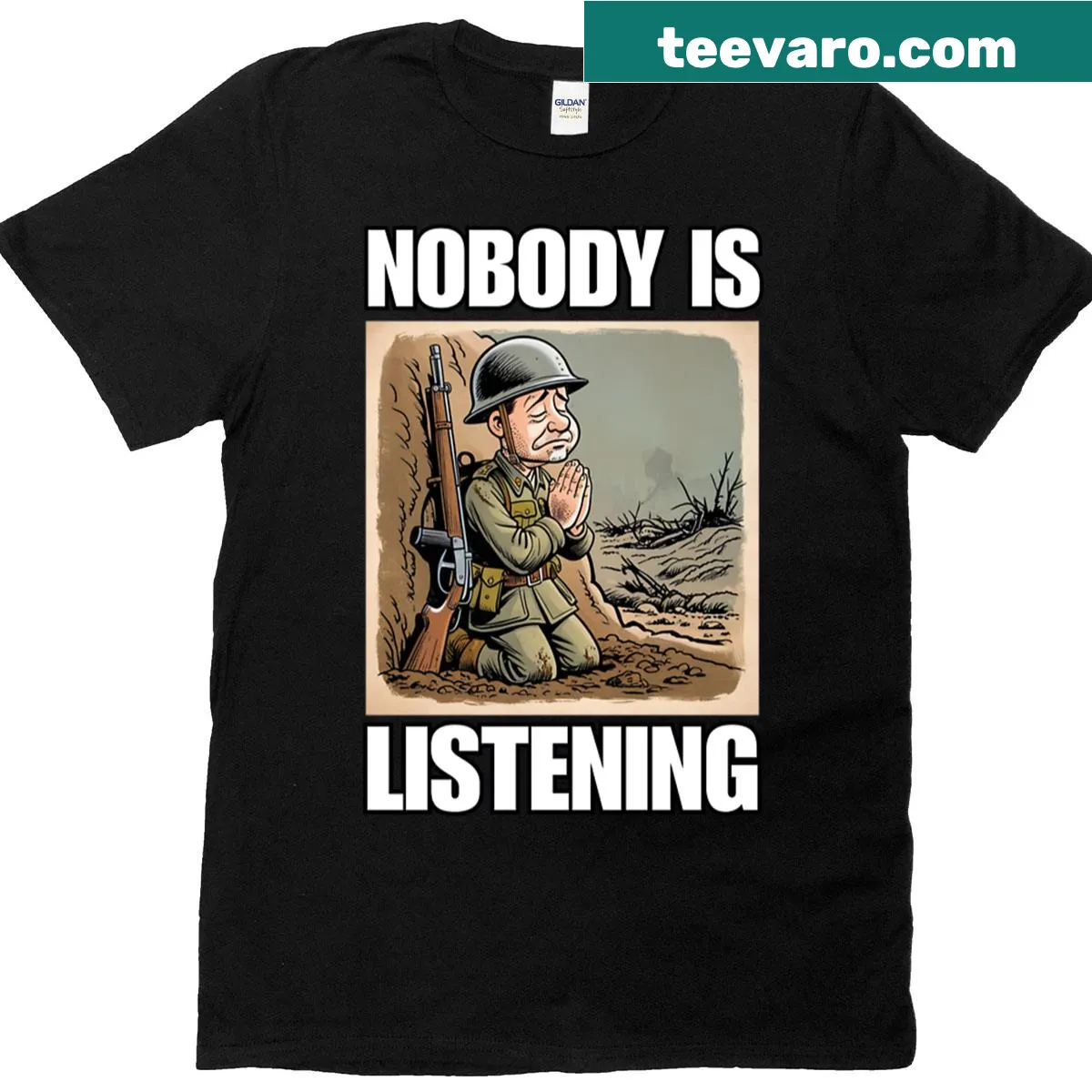 T-shirt featuring a heartfelt message about a soldier praying for peace — on a men's t-shirt