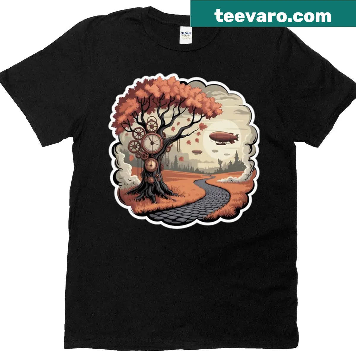 Surreal steampunk autumn landscape illustration on a T-shirt — on a men's t-shirt