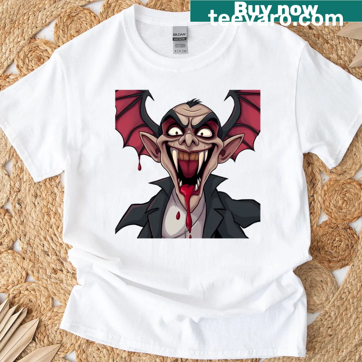 Cartoon vampire's kiss graphic on a playful T-shirt — on a men's t-shirt