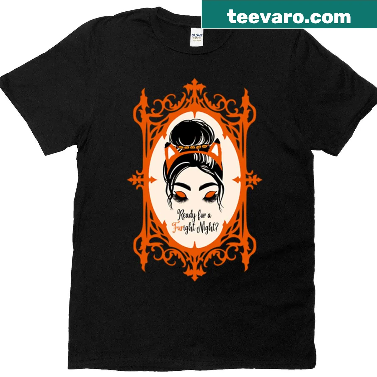 Illustrated Halloween invitation featuring vixens in a frame — on a men's t-shirt