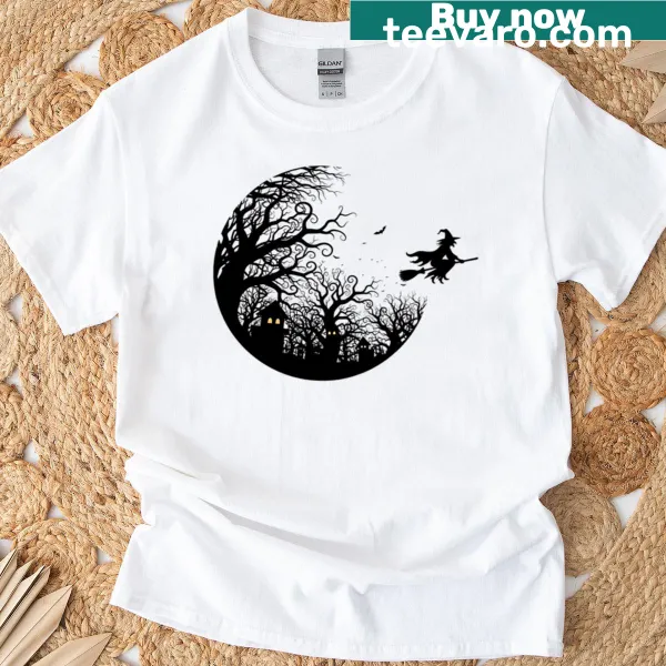 Illustration of a witch flying on a broomstick on an oversized T-shirt