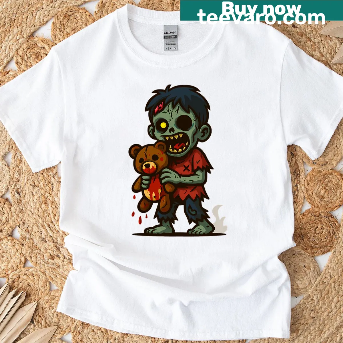 Spooky shirt featuring zombies at a feast illustration — on a men's t-shirt
