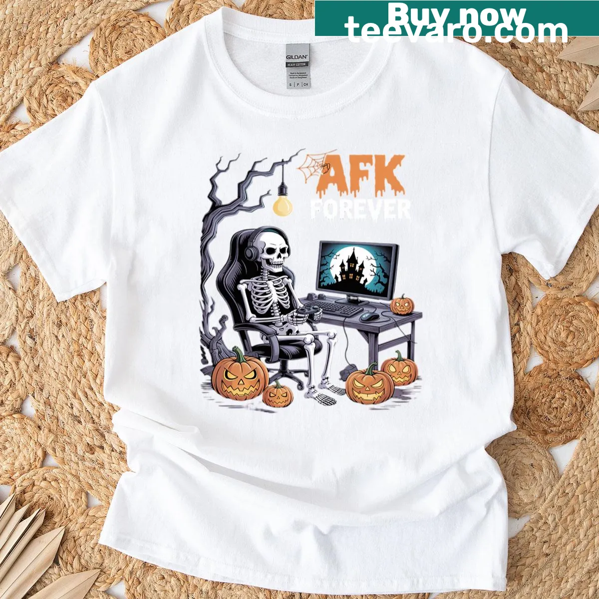Funny AFK Forever Skeleton design on a Halloween-themed T-shirt — on a men's t-shirt