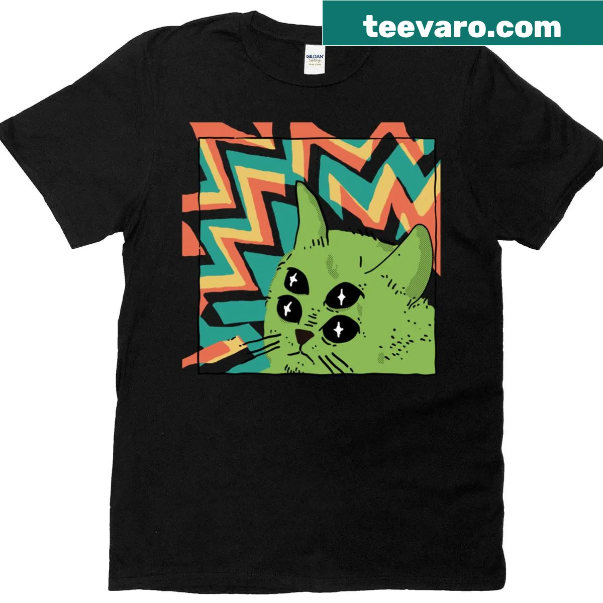 Vintage T-shirt featuring an alien cat with four eyes in surreal design — on a men's t-shirt