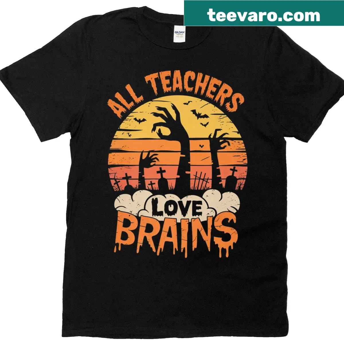 Funny Halloween t-shirt for teachers with 'All Teachers Love Brains' text — on a men's t-shirt