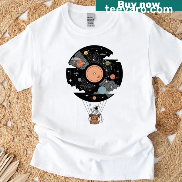 Creative T-shirt with astronaut in vinyl record hot air balloon
