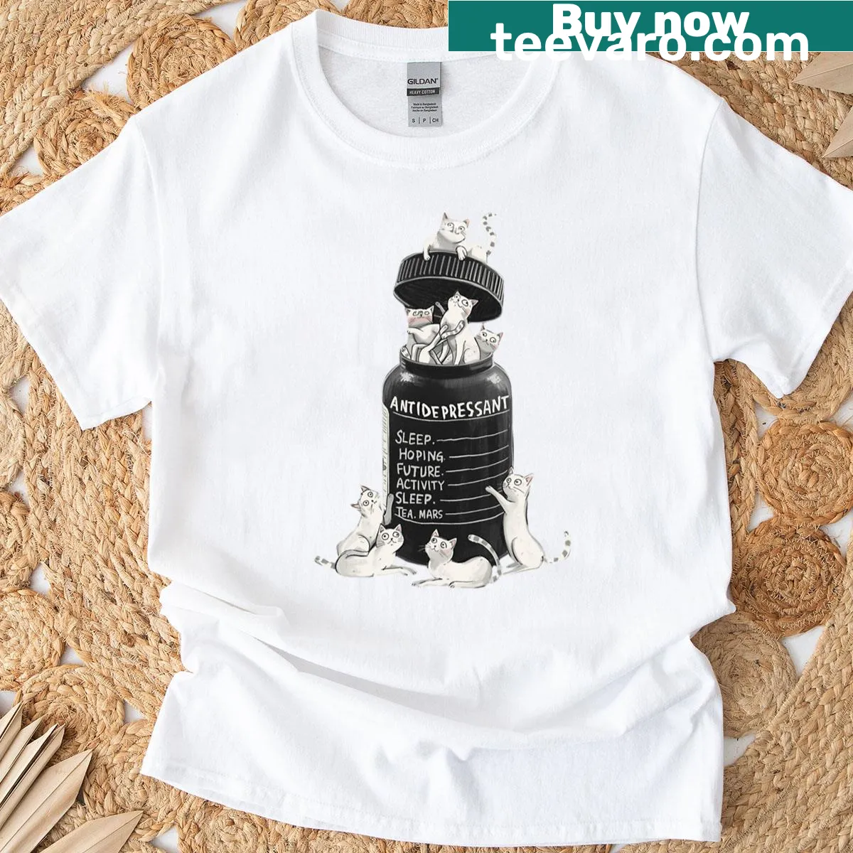 Whimsical T-shirt with kittens spilling from a medication jar — on a men's t-shirt