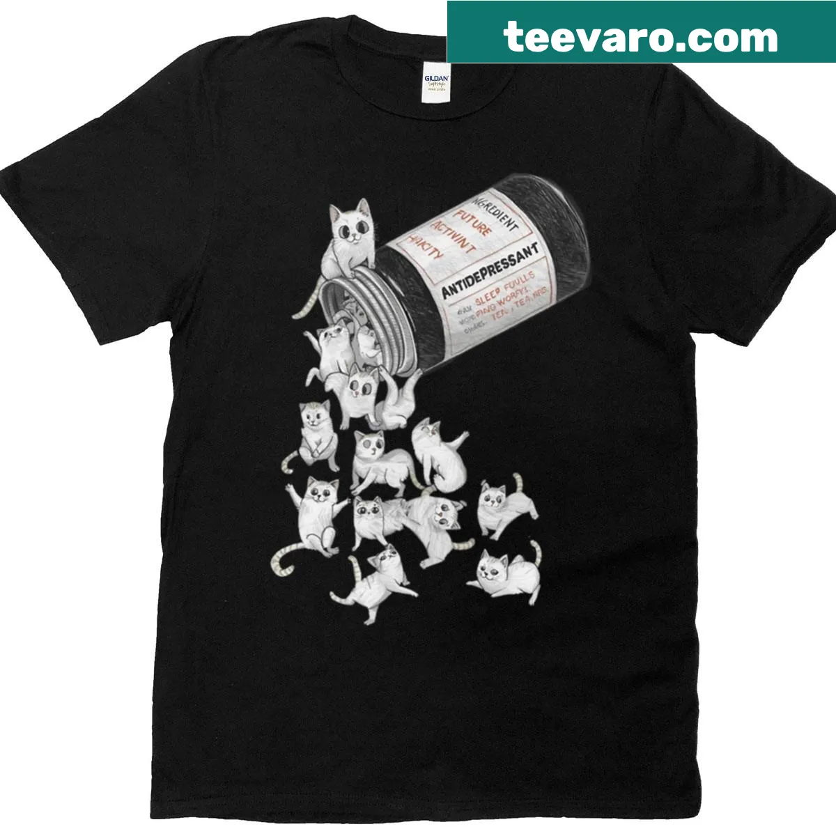 T-shirt with cartoon kittens spilling from a pill bottle, humorously designed — on a men's t-shirt