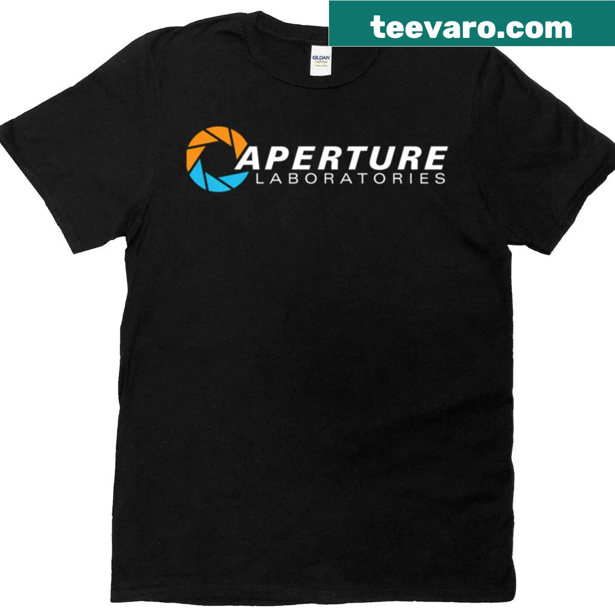 Portal-themed T-shirt featuring Aperture Science Laboratories logo — on a men's t-shirt