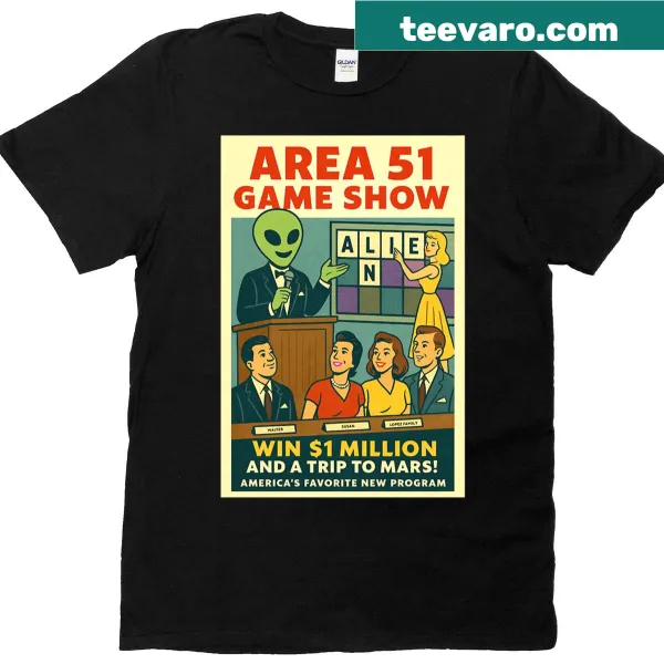 Oversized retro shirt featuring Area 51 and alien game show design