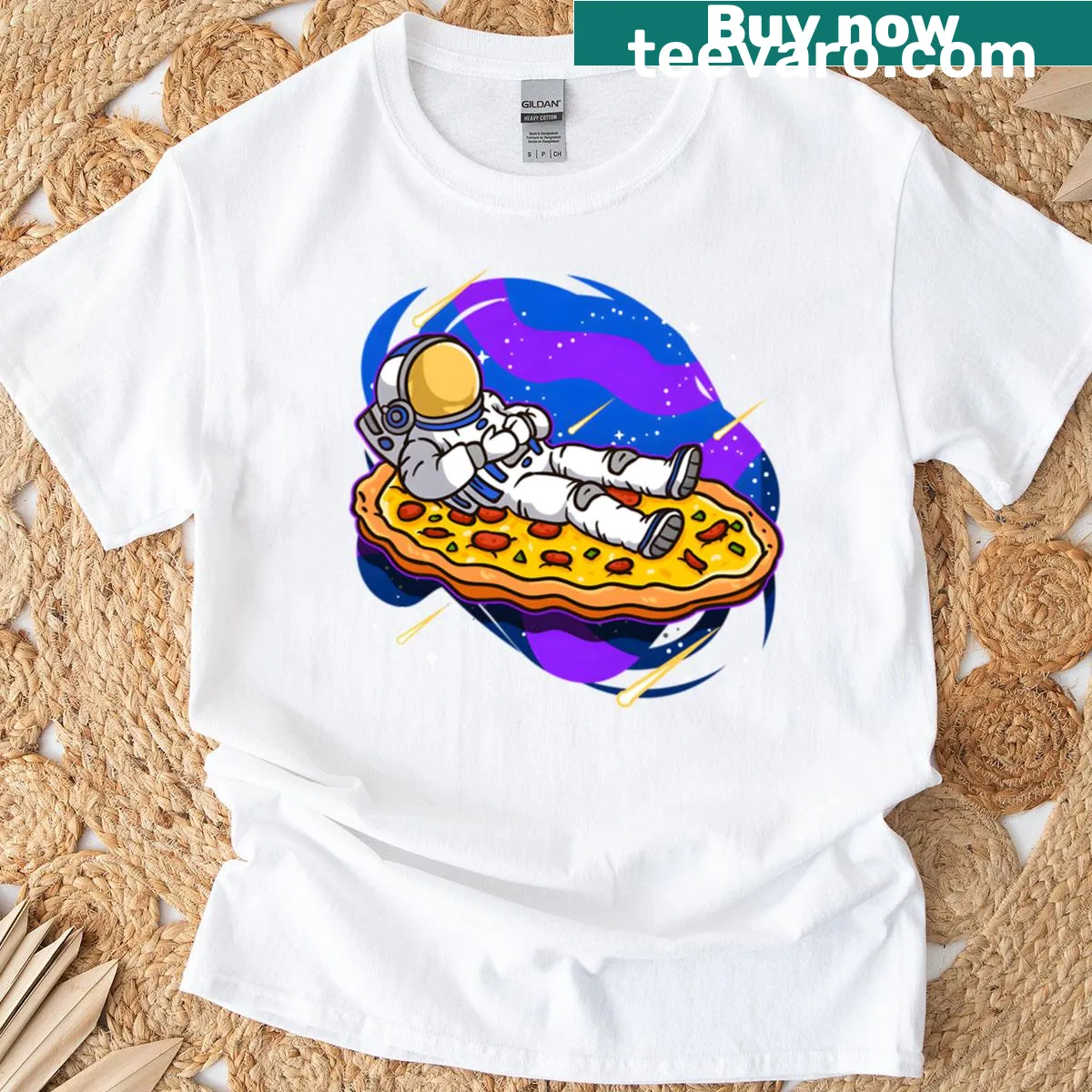 Cartoon astronaut relaxing on a giant pizza slice in space. — on a men's t-shirt