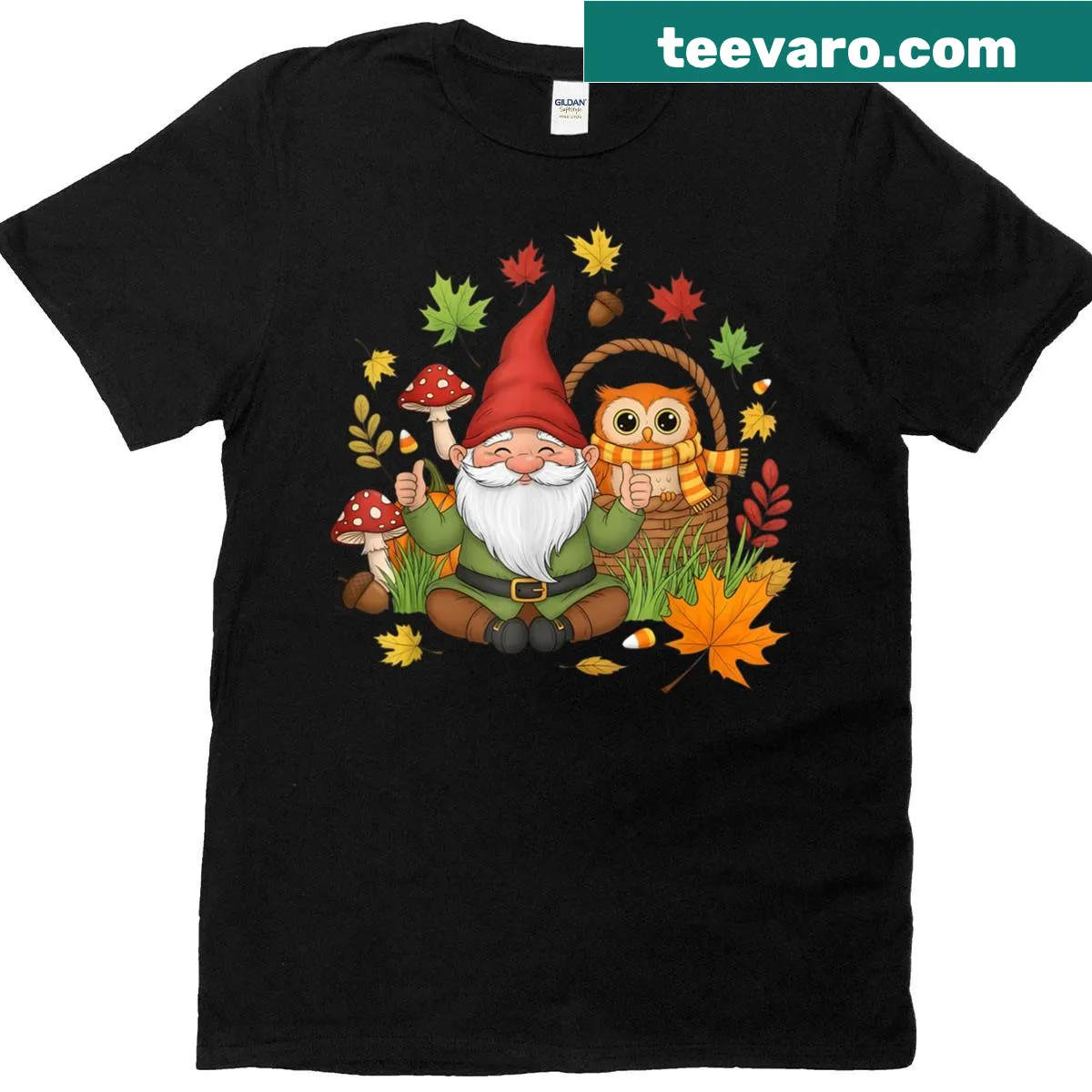 Cute fall-themed shirt with leaves, owls, and a gnome design — on a men's t-shirt