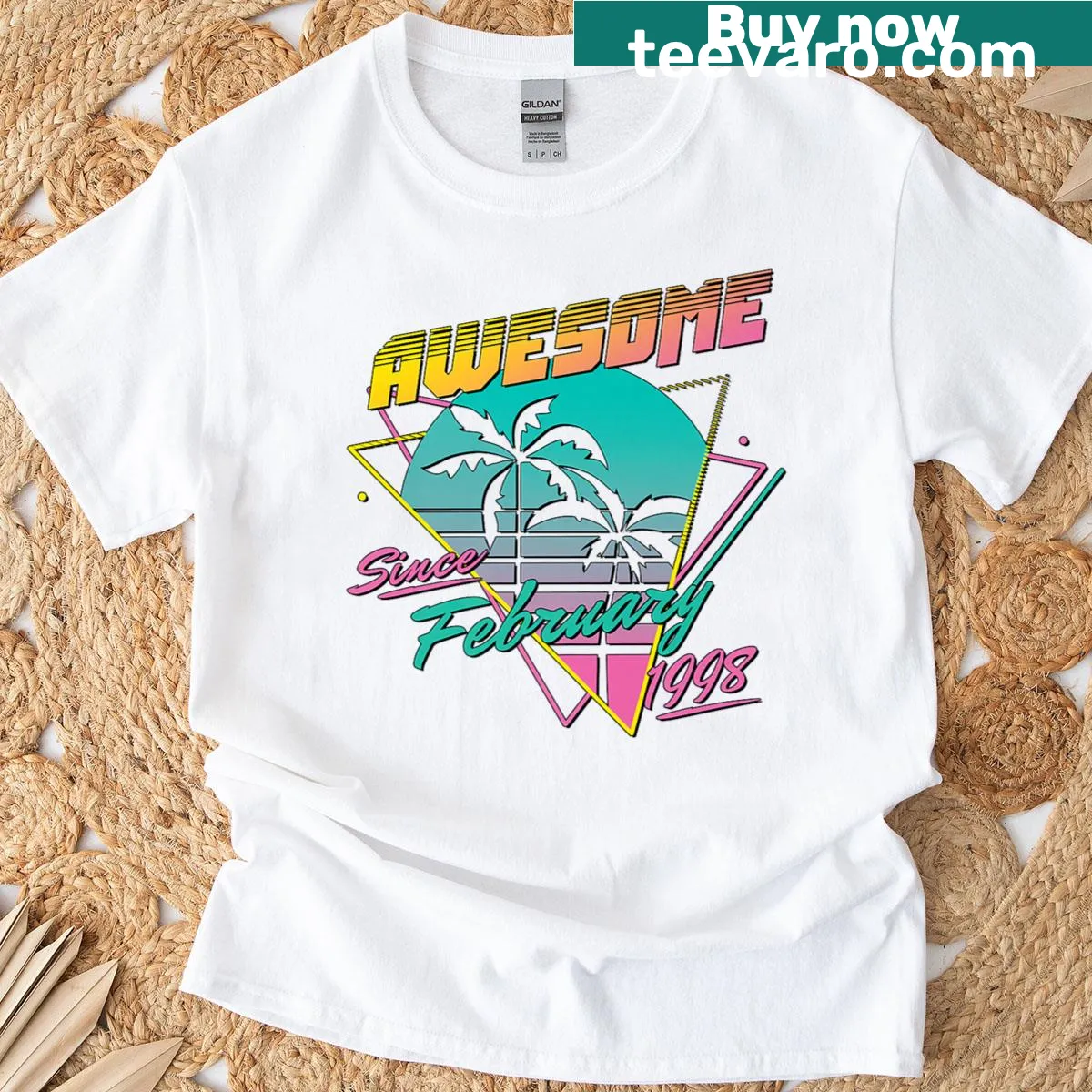 T-shirt stating 'Awesome Since February 1998' in bold text — on a men's t-shirt
