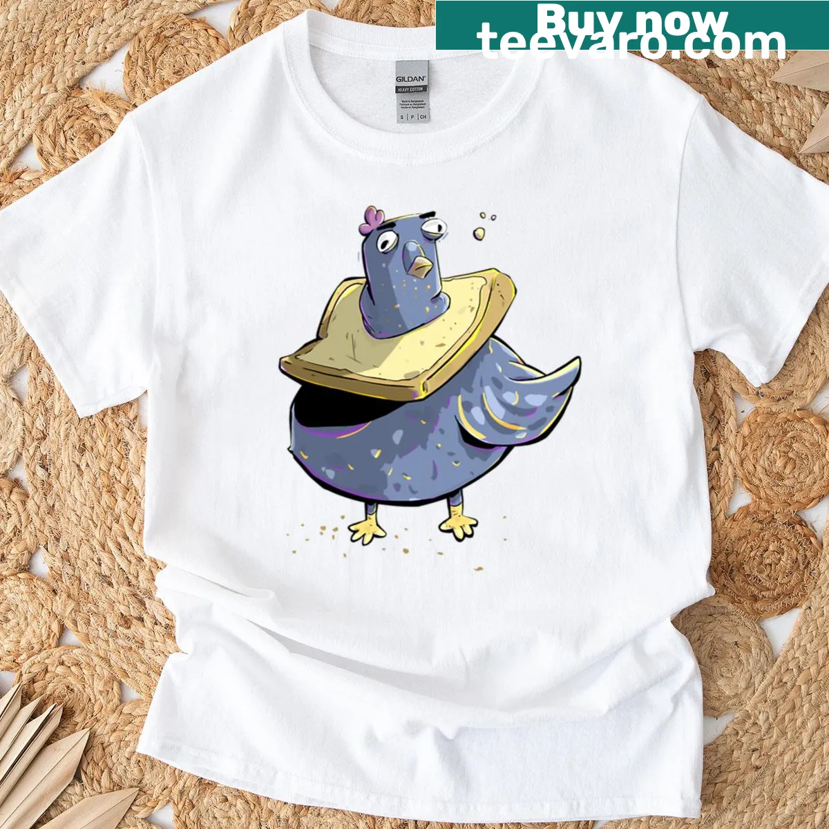 Illustration of a dove with a bread collar and humorous text — on a men's t-shirt