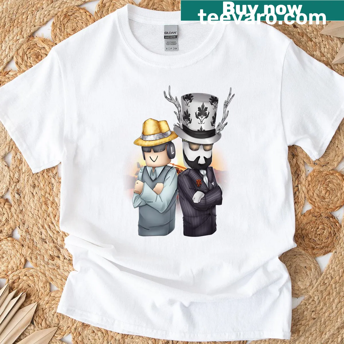 T-shirt featuring cartoon drawings of Badcc and Asimo from Roblox — on a men's t-shirt