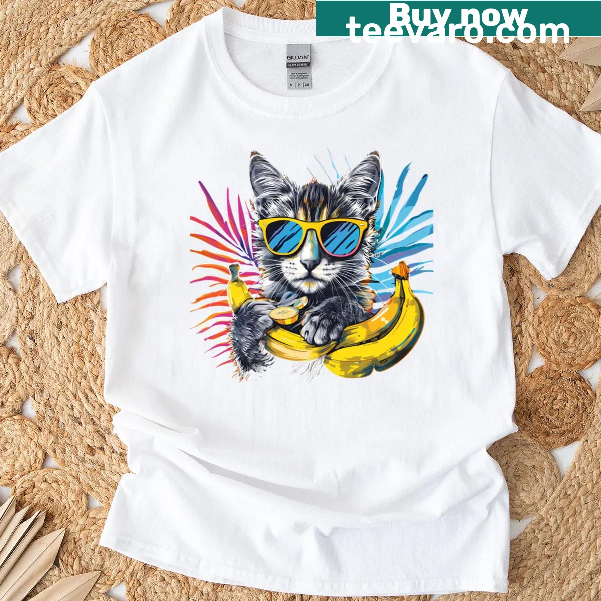 Cartoon cat with sunglasses and bananas artwork on T-shirt — on a men's t-shirt