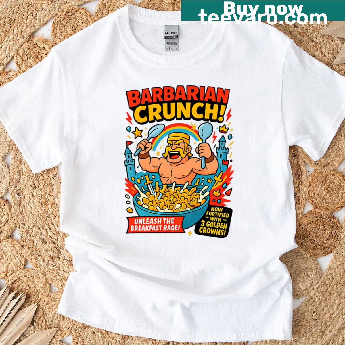 Oversized t-shirt featuring a cartoon barbarian and cereal box design — on a men's t-shirt