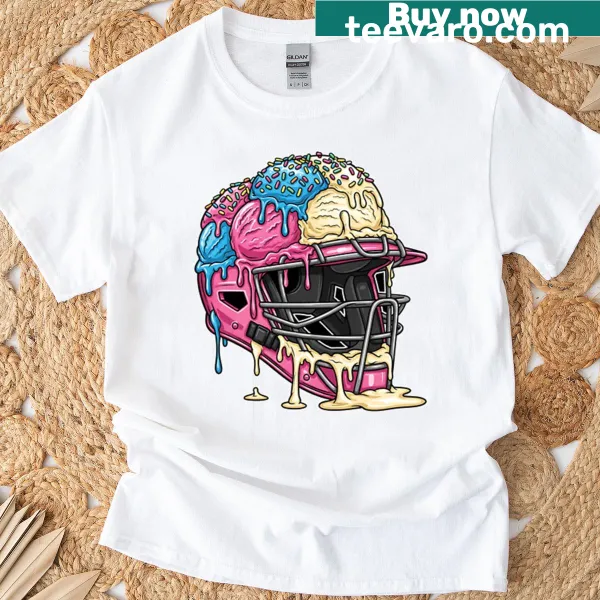 Cartoonish baseball catcher mask with ice cream design on a t-shirt.