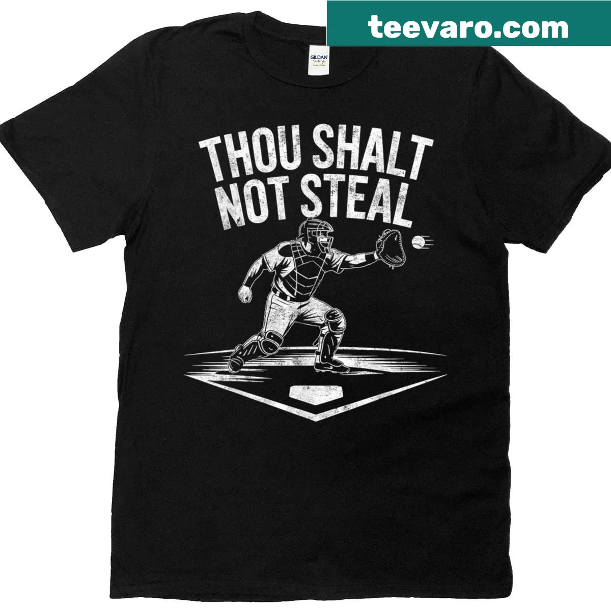 Funny baseball t-shirt with Thou Shalt Not Steal text — on a men's t-shirt