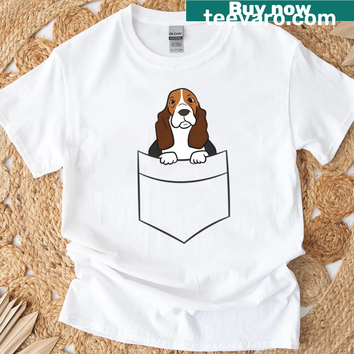 Illustration of a Basset Hound puppy peeking from a pocket — on a men's t-shirt