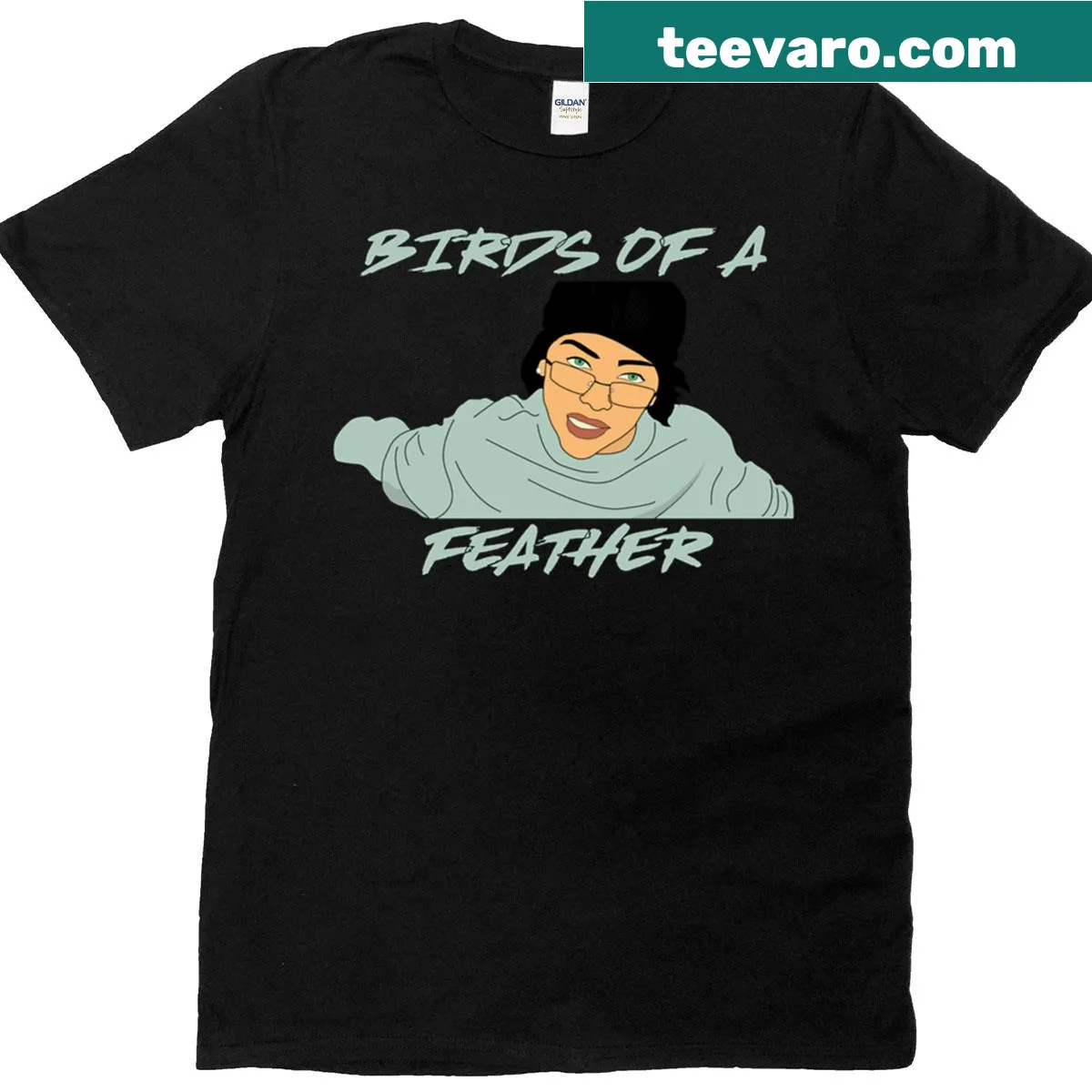 Illustration of birds and musical elements on a Billie Ellish themed t-shirt — on a men's t-shirt