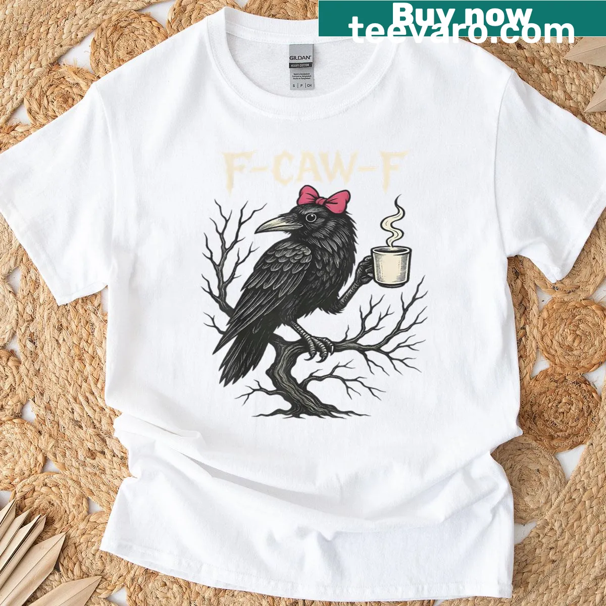 Funny crow graphic T-shirt featuring 'F-caw-f' and a bow design — on a men's t-shirt