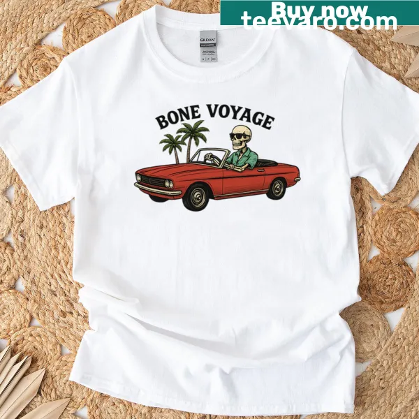 Whimsical skeleton driving a convertible with palm trees T-shirt