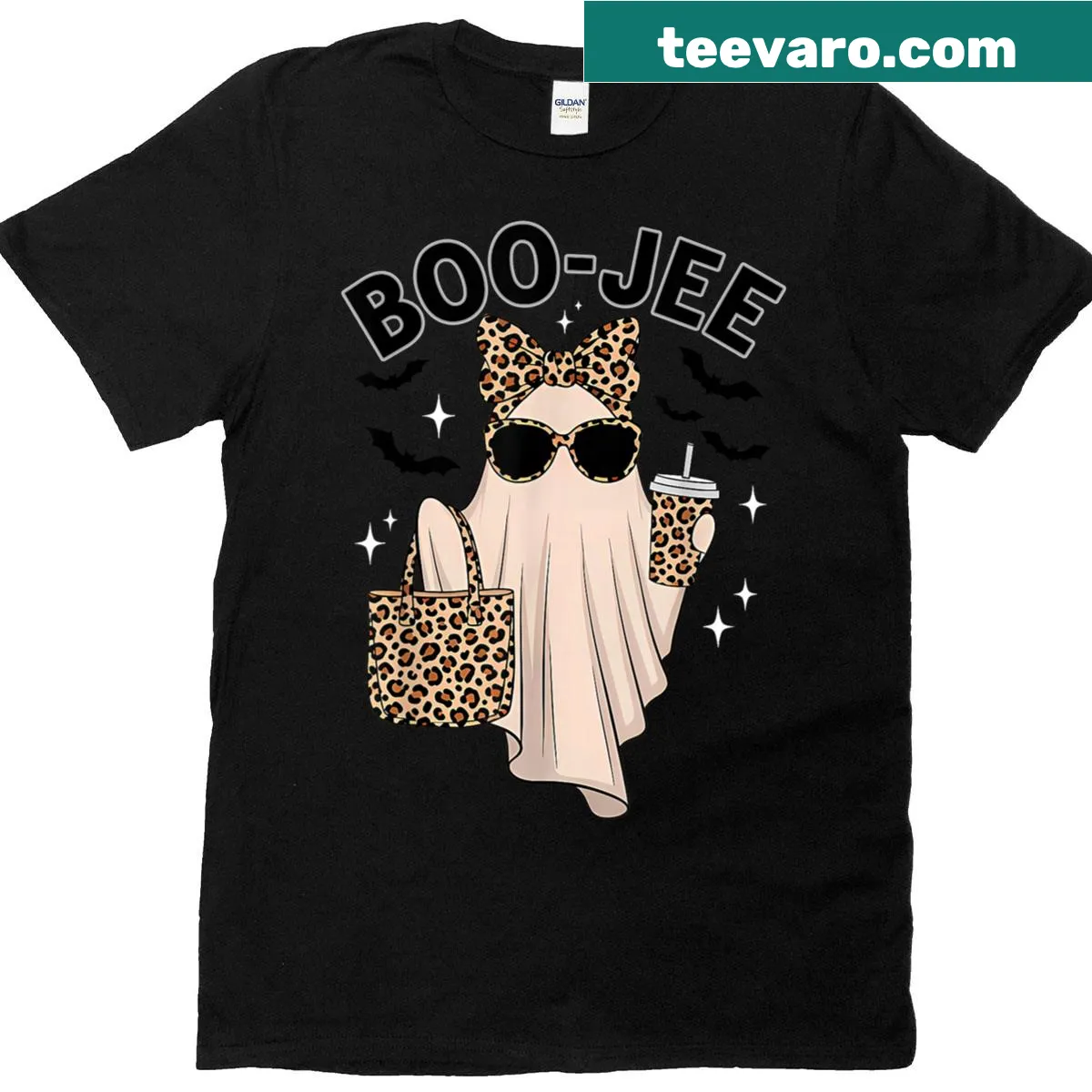 Funny ghost T-shirt with leopard print for Halloween — on a men's t-shirt