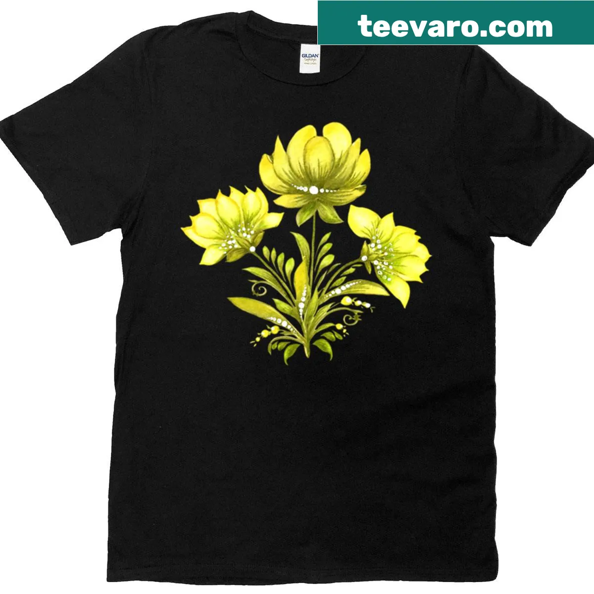 Illustrated T-shirt with a bouquet of yellow flowers in Petrykivka style — on a men's t-shirt