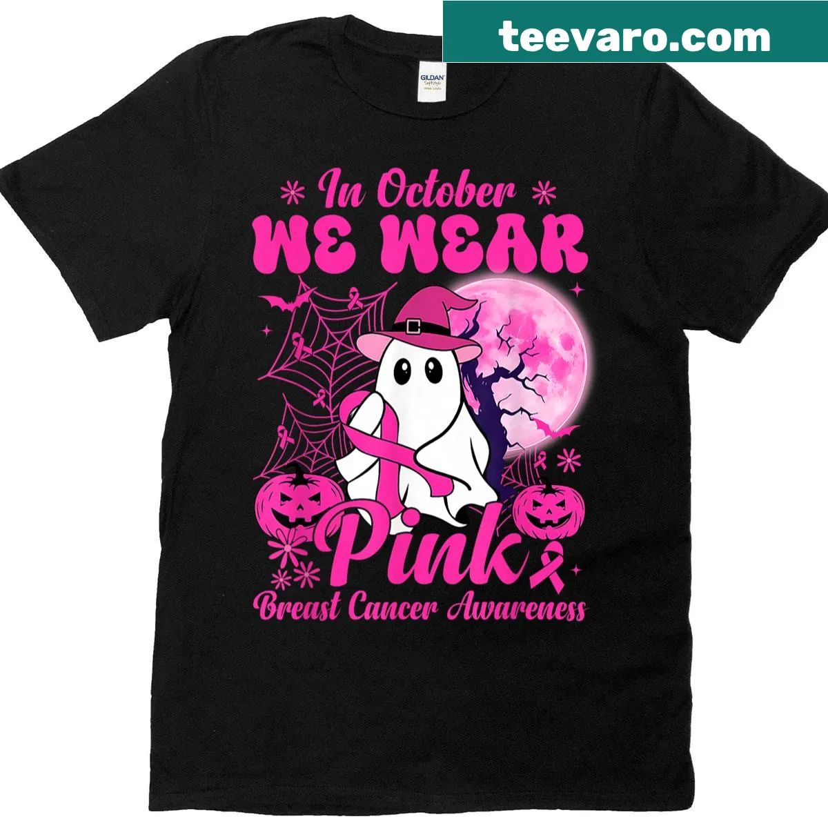 Breast cancer awareness Halloween T-shirt in October with pink message — on a men's t-shirt