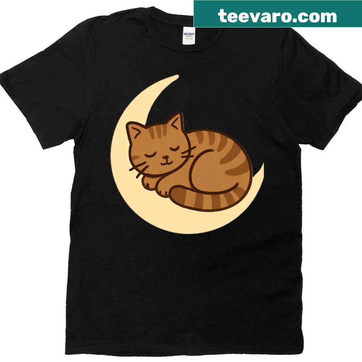 Whimsical oversized t-shirt featuring a brown cat sleeping on a crescent moon — on a men's t-shirt