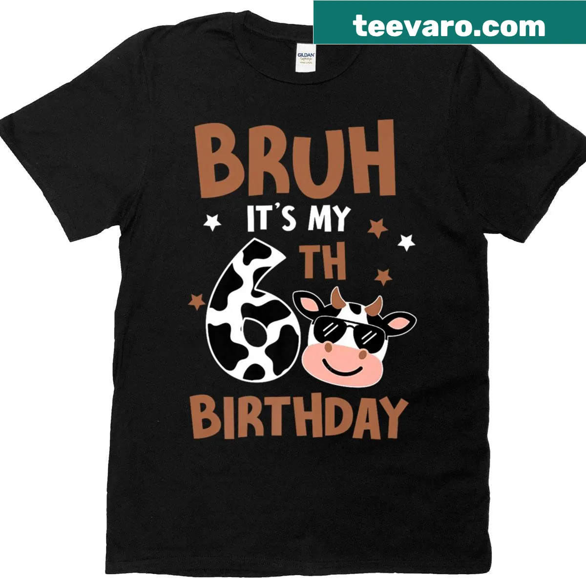Birthday t-shirt for kids featuring cow and 6th birthday text — on a men's t-shirt