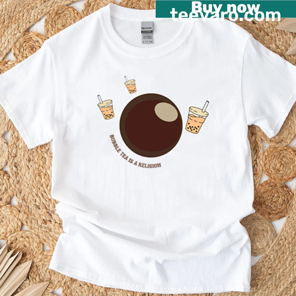 Whimsical typography declaring 'Bubble Tea Is A Religion' — on a men's t-shirt